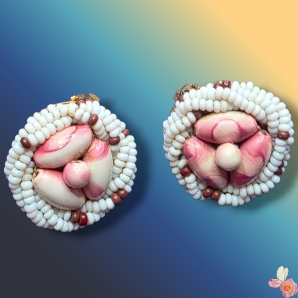 Kramer Clip On Cluster Earrings Vintage Pink Beaded 846